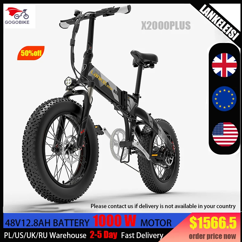 

LANKELEISI 1000W Electric Bike Mountain Moped Ebike Foldable 20 Inch Fat Tire Men's Road EBike Electric Bicycle For Adults Ebike