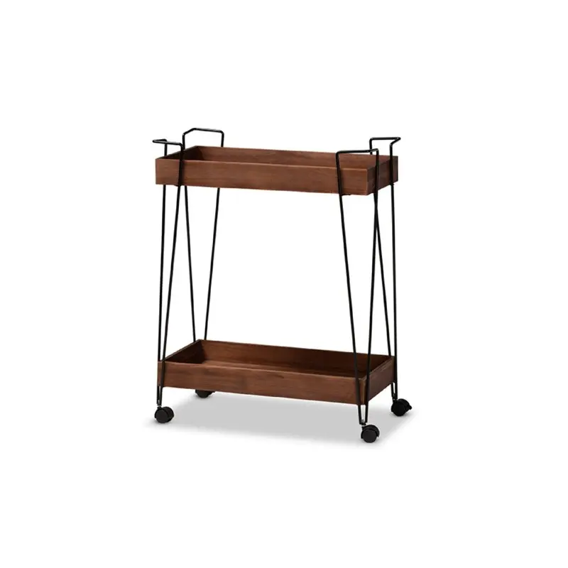 Reynard Modern and Industrial Walnut Brown Finished Wood and Black Metal 2-Tier Wine Cart,Wholesale Storage Rack Cart