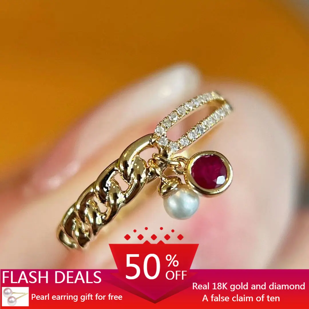 

18K Gold Ruby Pearl Diamond Ring Combination of Natural Ruby and Freshwater Pearl Half Chain Half Diamond Arm Original Design
