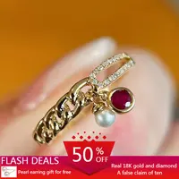 18K Gold Ruby Pearl Diamond Ring Combination of Natural Ruby and Freshwater Pearl Half Chain Half Diamond Arm Original Design