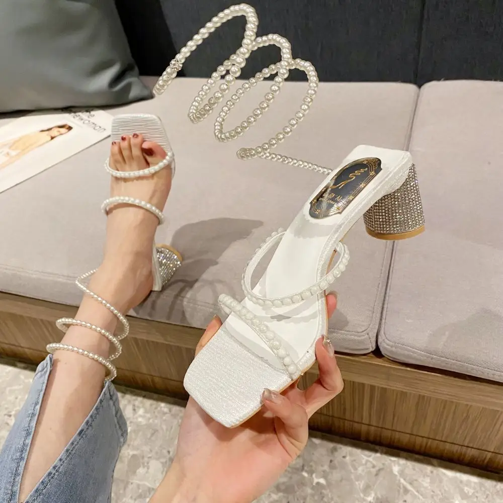 Xibeilove 2023 Summer Women's Wedding Bride Party Shoes Luxury Square Headed Rhinestone Pearl Wrapped Mid Heel Sandals