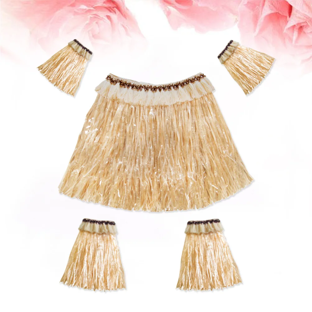 

5pcs Hawaiian Fancy Grass Skirt Set Arm and Leg Bands Costume Elastic Costume Party Accessory (Straw Color)