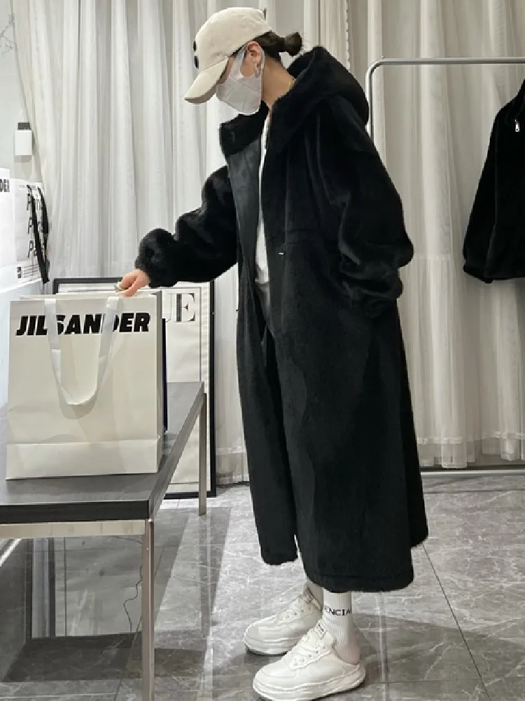 Winter Blue Color Drawstring Waist Warm Hooded Long Faux Fur Coat Casual Long Sleeve Oversized Women Fur Jacket Loose Outwear