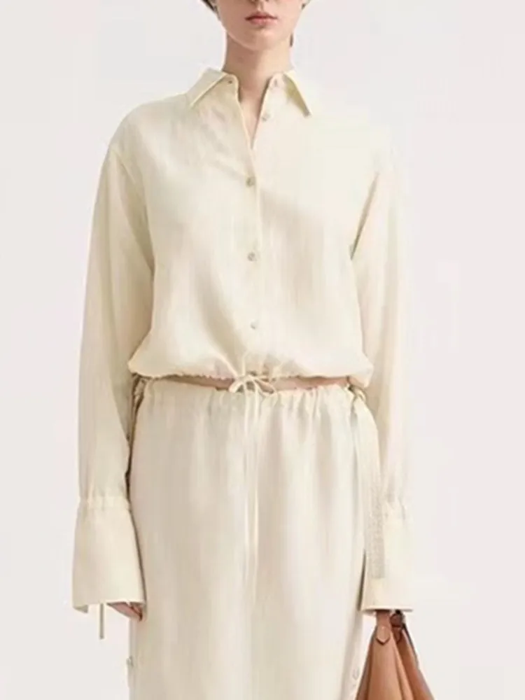 

Women Solid Color Turn-Down Collar Short Shirt Loose Simple Ladies Casual Drawstring Chemise 2023 Spring Female Blouse