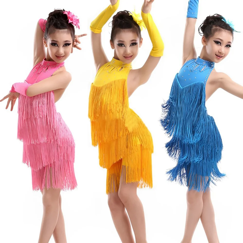

Girls Dance Outfits Dancewear Tassel Dancing Dress Cha Cha Dress Latin Salsa Costumes Carnival Wear Kids Tango Skirt