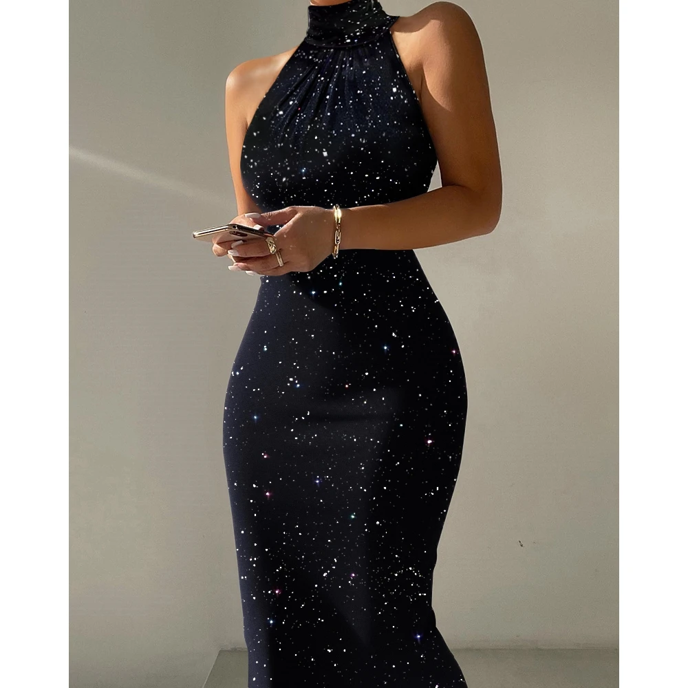 Купи Women Glitter High Neck Sleeveless Bodycon Party Dress Fashion Femme Slim Fit Black Midi Evening Dress Korean Style Elegant за 667 рублей в магазине AliExpress