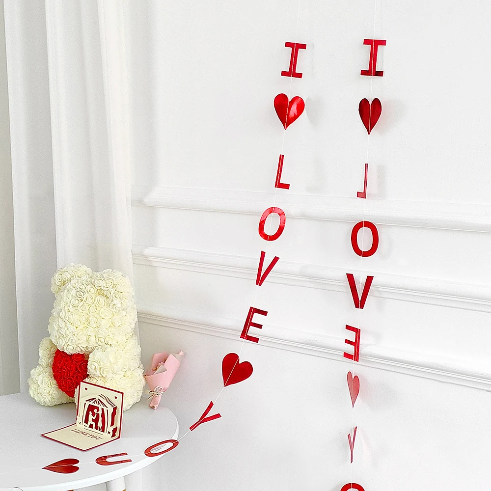 

2Pcs 1.1m Red Heart I Love You Letter Sequined Ceiling Balloons Pendants Curtain Valentine Wedding Bachelorette Party Decoration