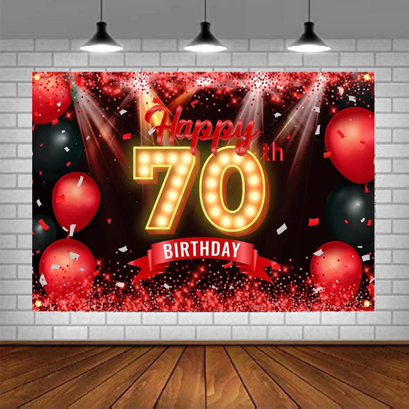 

Photography Backdrop 70th Birthday Banner Red Black Decorations For Women Men Party Balloon Spots Background Supplies Glitter