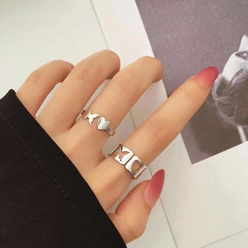 

2pcs/set Alloy Meaningful Love Heart Personality Star Men Finger Buckle Butterfly Rings Couple Rings Women Jewelry Accessories