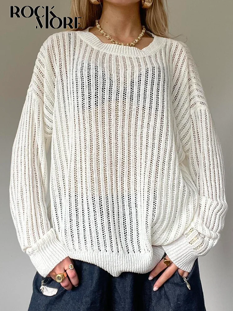 

Rockmore Solid Hollow Out Fishnets Smock Tops Casual Harajuku Knit Pullover Autumn Women Loose Streetwear Y2K Vintage Jumpers