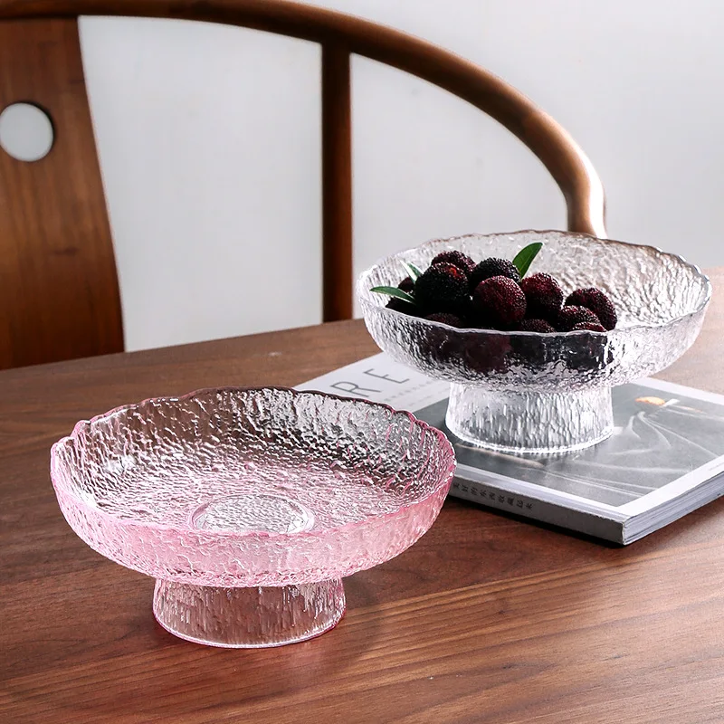 Japanese Hammer Pattern Glass Home Living Room Dried Fruit Snack Candy Tray Light luxury Large High Foot Plate Trinket Dish