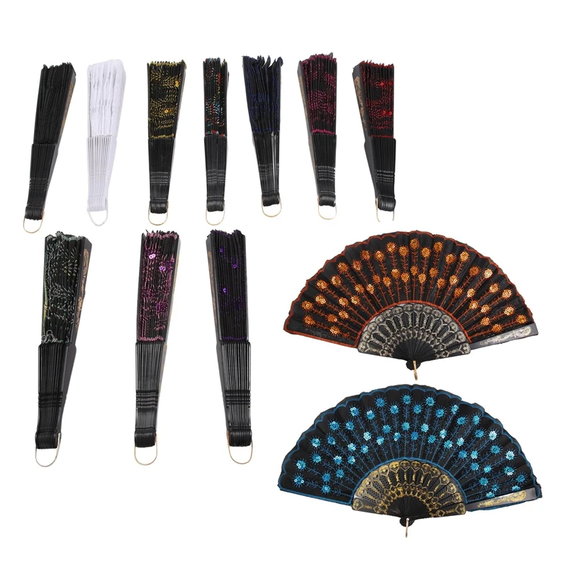 

12 Pieces Sequin Fabric Folding Fans Peacock Hand Fans Flower Lace Fans Handheld Folding Fans For Women Wedding Party