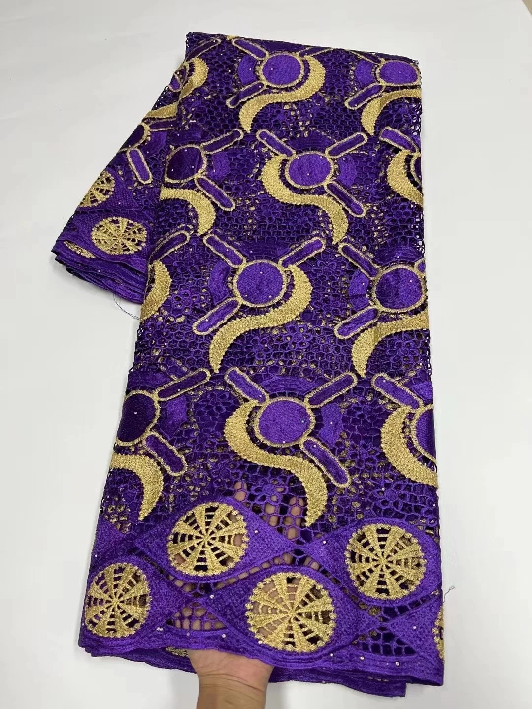 

African purple Guipure Cord Lace Fabric 2022 High Quality Heavy Embroidery Water Soluble Lace Fabric With Stones For Dress