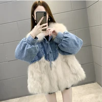 Winter New Women Denim Fur Jacket Design Sense Fur Collar Parker Coats Simulation Leather Single-breasted Top Female Clothing
