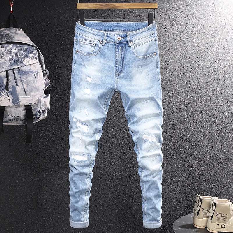 Newly Fashion Vintage Men Jeans Retro Light Blue Elastic Slim Fit Ripped Jeans Men Patchwork Designer Casual Denim Pants Hombre