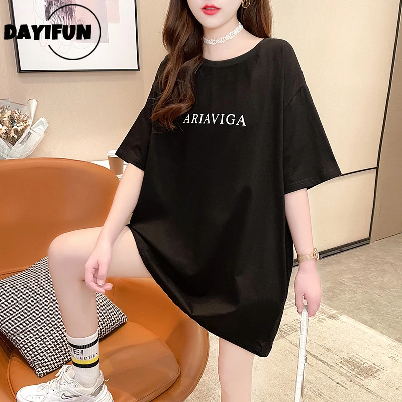 

Черно-белые футболки DAYIFUN с блестками, свободная хлопковая футболка в стиле хип-хоп, женская уличная одежда, Женская длинная футболка с круг...