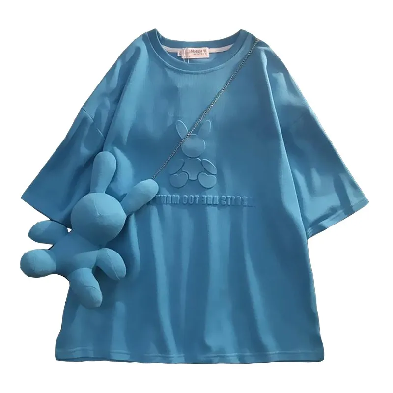 

Summer Fashion Animal Harajuku Letter Print Women's T-shirt Korean Version Loose Short Sleeve Blue Tees Tops Female