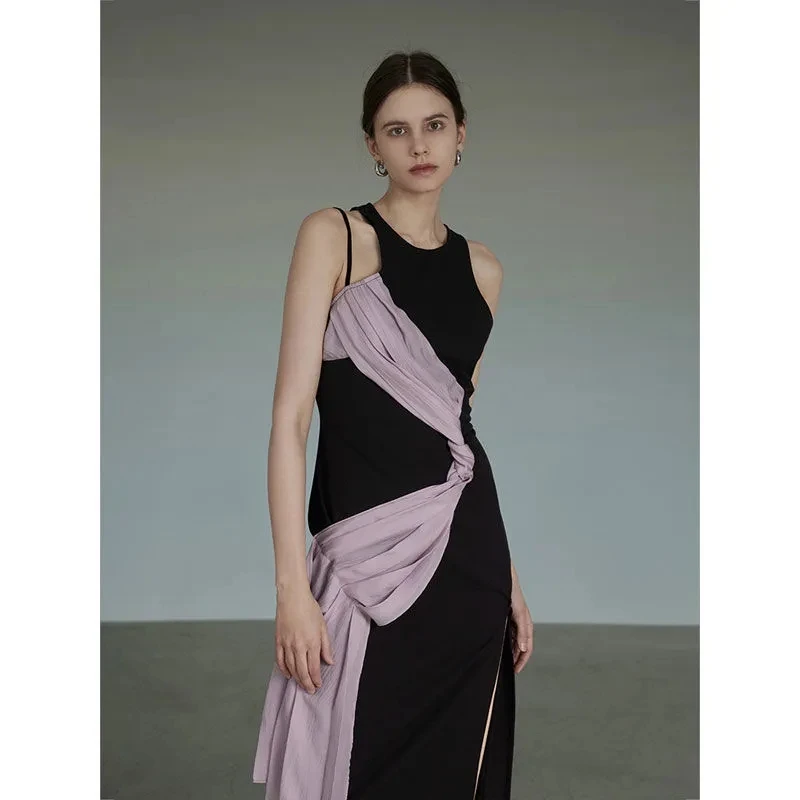 

Женское асимметричное длинное платье, черное элегантное дизайнерское платье составного кроя без рукавов, праздничное летнее платье, 2022