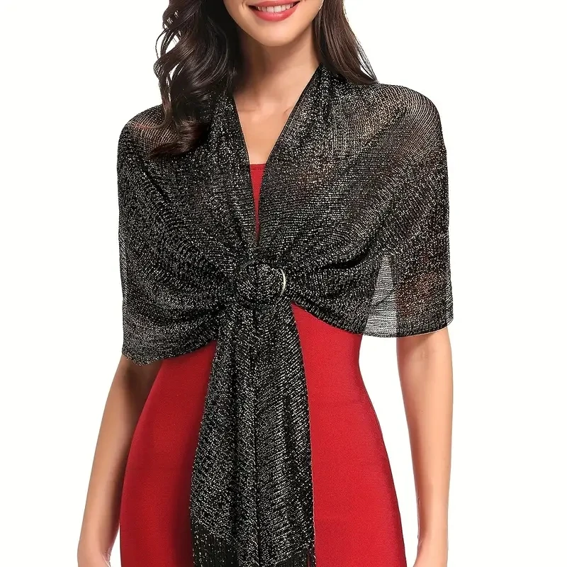 Сверкающий Шелковый Шарф Золотого И Серебряного Цвета 2024. Тонкая Шаль С Бахромой.