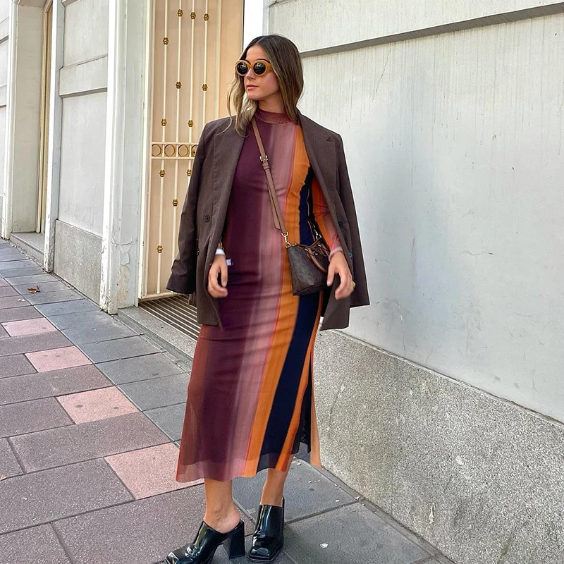 

Elegant Colourful Print Winter Mesh Bodycon Dresses For Women 2022 Vintage Office Ladies Half Hight Collar Long Sleeve Vestidos