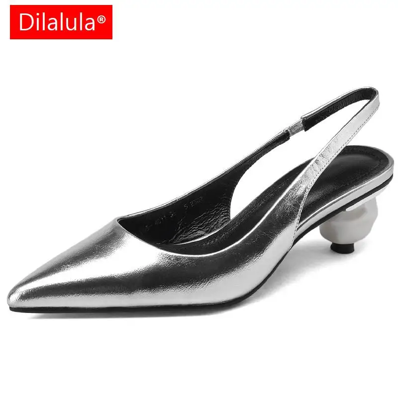 

Dilalula Модные женские сандалии на необычном каблуке с острым носком из натуральной кожи с ремешком на пятке туфли-лодочки женские весенне-летние праздничные офисные туфли