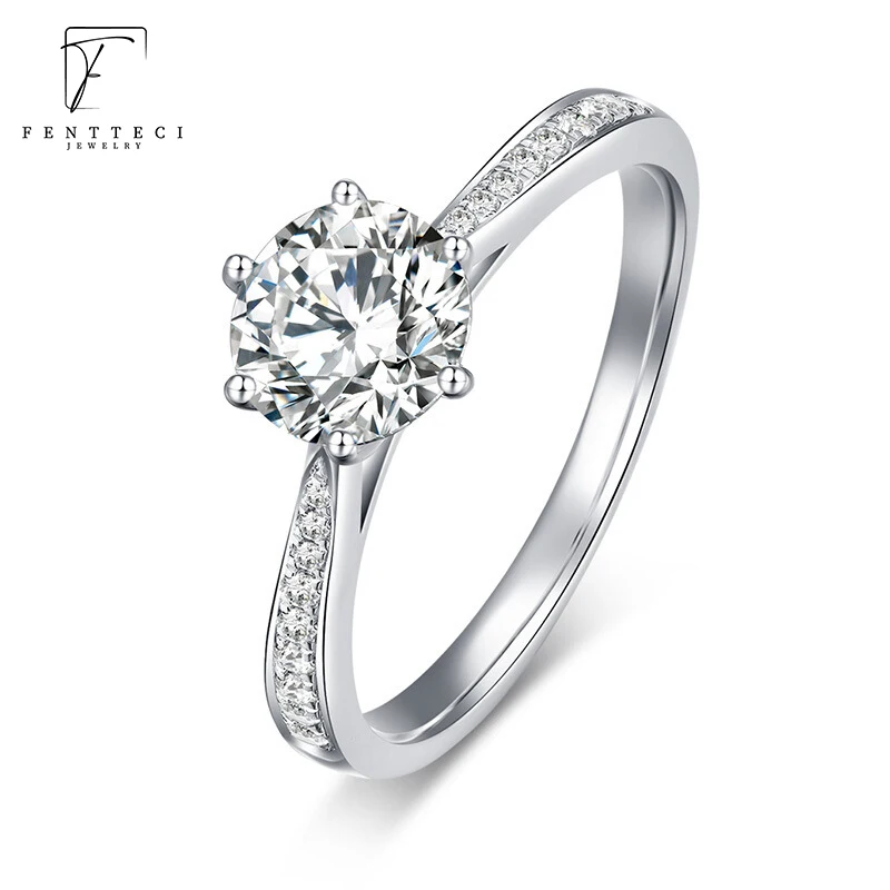 FENTTECI Moissanite Ring S925 Sterling Silver With 18k Gold Plated D Color Fine Jewelry Wedding Bands with Certificate for Women