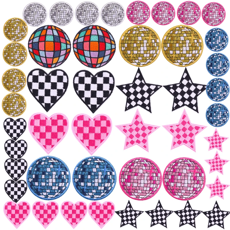5 шт. Мультяшные вышитые нашивки в стиле диско клетчатые с сердечками и звездами