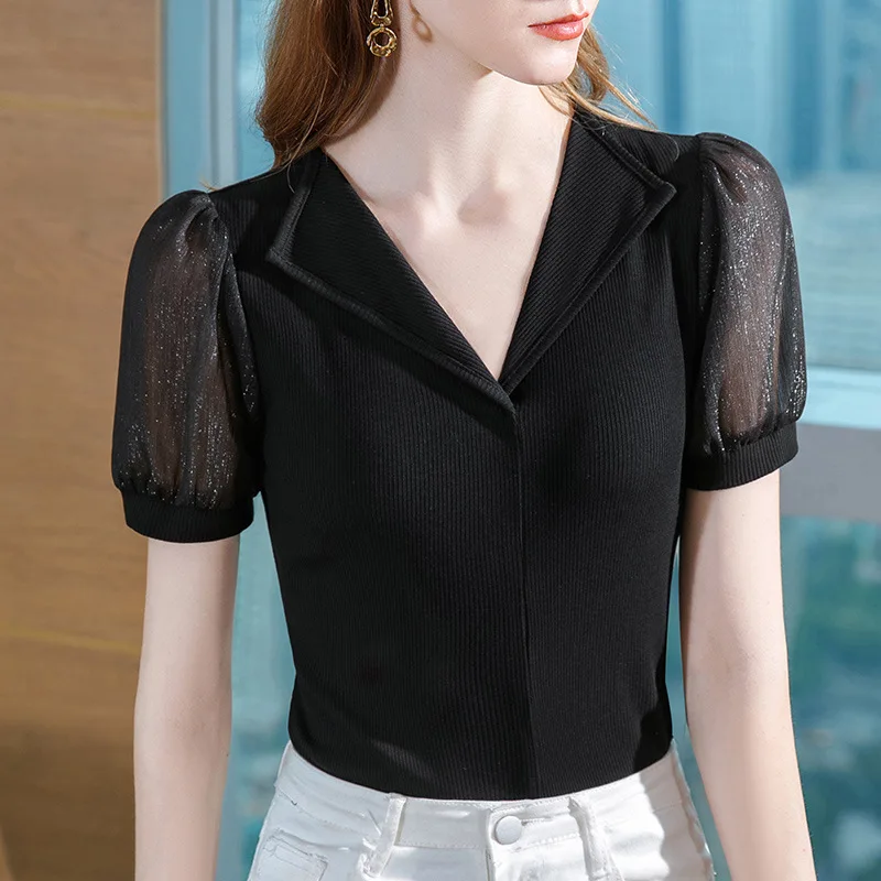 

Modal Short-sleeved T-shirt Women's Summer Free Shipping 2022 Temperament V-neck Cotton T-shirt Mesh Stitching Puff Sleeve Top