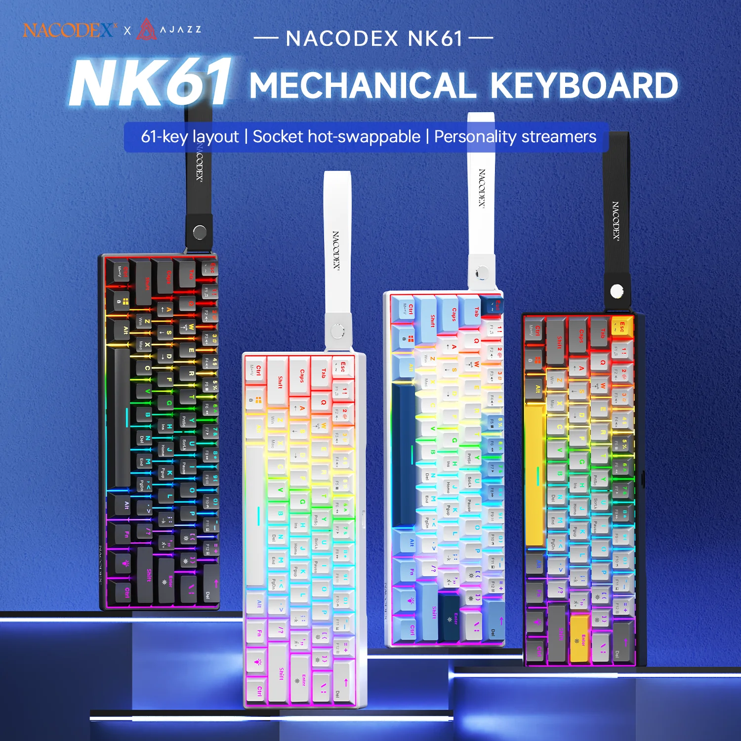 Фото Механическая клавиатура Ajazz NEW NK61 с RGB-подсветкой, проводная, с разборной конструкцией, одноразъемная, с возможностью горячей замены переключателей, Plug and Play, 61 клавиша, для геймеров №1