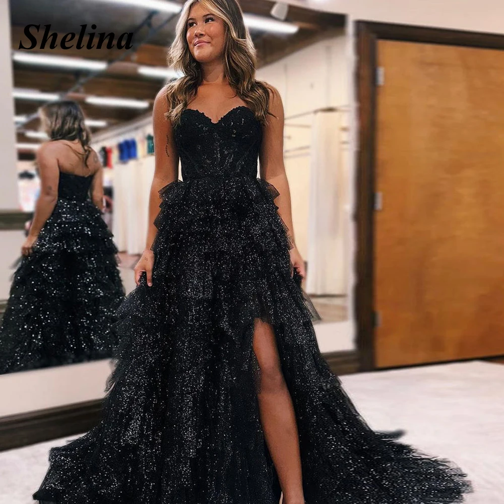 

Shelina Attractive Sweetheart Graduation Dress Detachable Sleeve Tiered Glitter Tulle Split Vestidos De Baile Made To Order