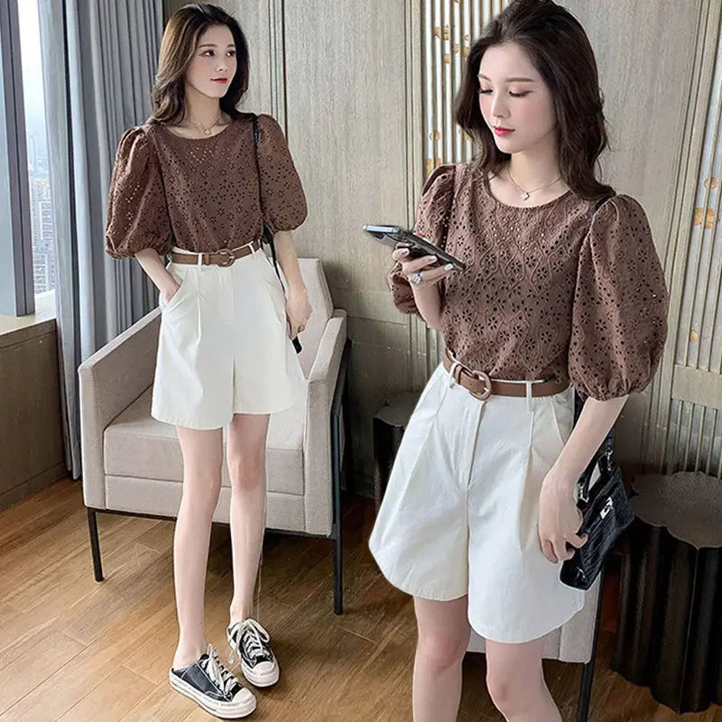 

2022 Women's Summer Fashion Retro Suits Female Lantern Sleeve Pullover Tops + Loose Wide-leg Shorts Ladies Two-piece Sets R149