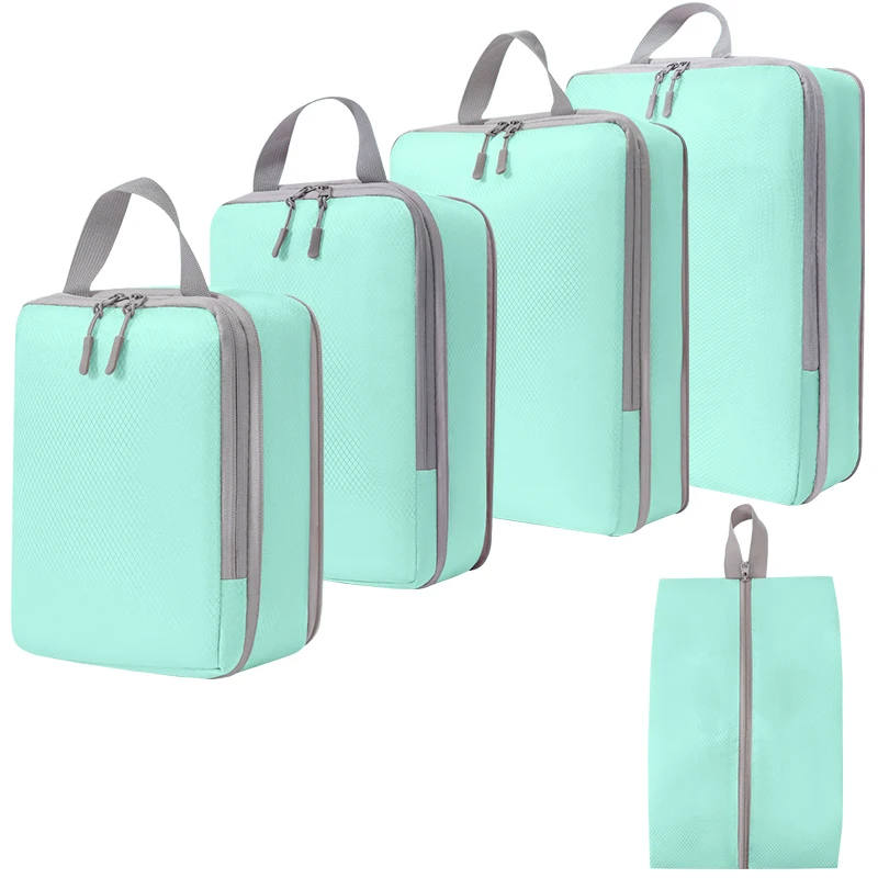 5PCS Compressed Packing Cubes Travel Storage Set Mesh Visual Luggage Organizer With Shoe Bag Portable Lightweight Suitcase Bag