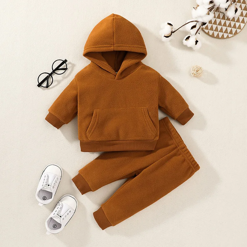 

2022 Winter Children Sets Long Sleeve Hooded Pockets Brown Cute 2Pcs Roupa Infantil Menina Clothes Sets 0-2T