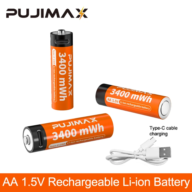 

PUJIMAX 2Pcs Rechargeable Li-ion Battery AA 1.5V 3400mWh and 18650 13000mWh Original Lithium Battery Type C Cable Charging