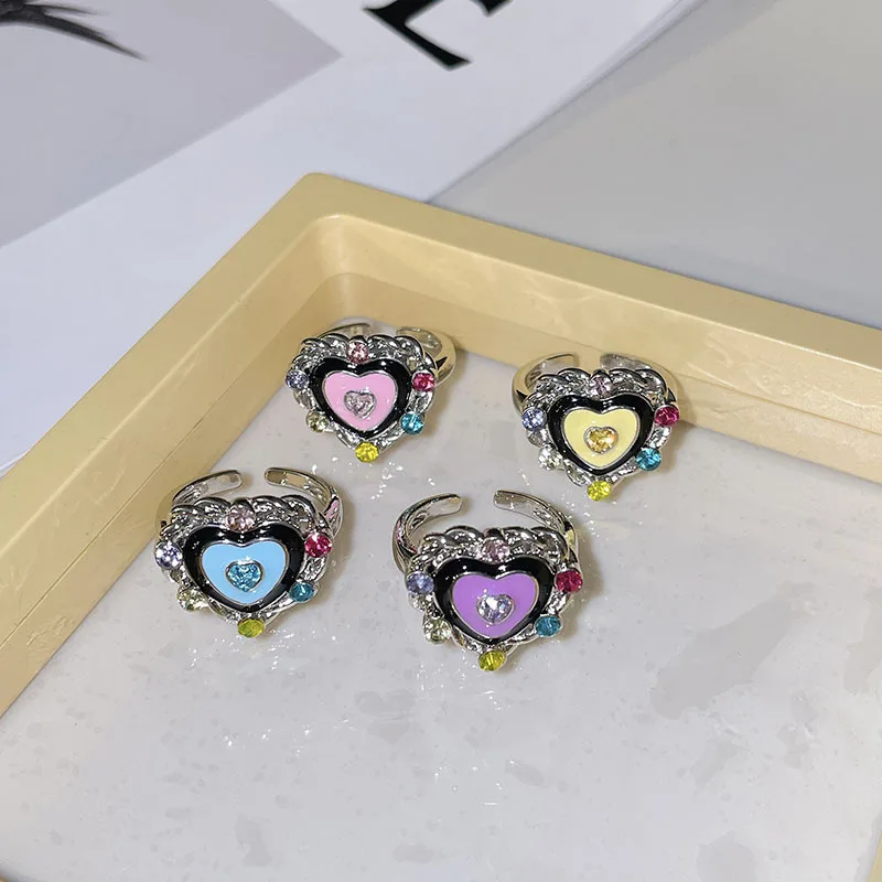 Aesthetic Pink Purple Blue Yellow Heart Fairy Grunge Rings Korean Fashion Coquette Style Jewelry Kpop Y2k Accessories for Women