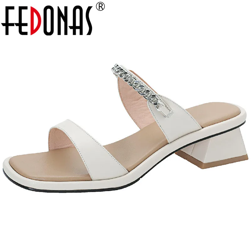 

FEDONAS Summer Women Sandals Genuine Leather Pumps Fashion Concise Chain Casual Office Ladies Shoes Woman Thick Heels Slippers