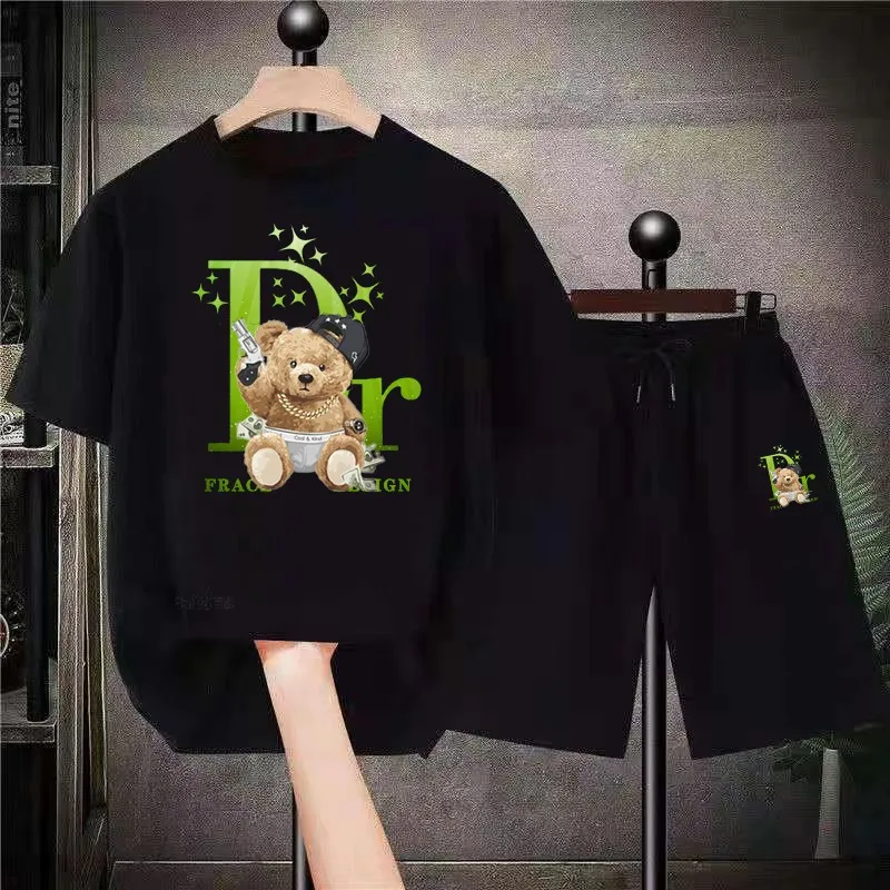 Fashion Streetwear Oversized Outfits Mens Cotton Funny Anime Tracksuits Hip Hop Bear Unisex Shirt Sets Summer Shirts Short Suits