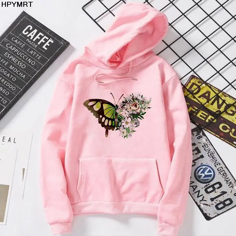 

New Spring Autumn Winter Casual ladies girl pocket drawstring cartoon flowers Graphic Hoodies Butterfly Prints long sleeves Tops