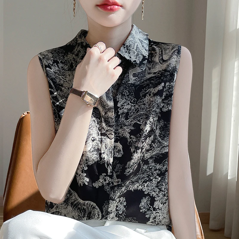 Новая атласная рубашка-поло без рукавов жилет и футболка с чернильным принтом