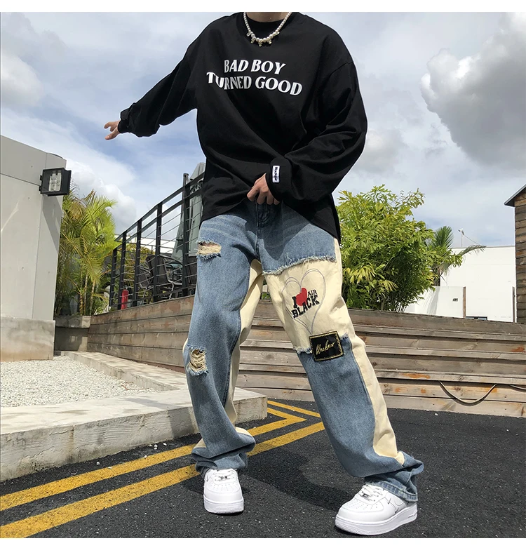 

Colour block cargo jeans patchwork jeans High Street vintage jeans men Distressed baggy jeans women