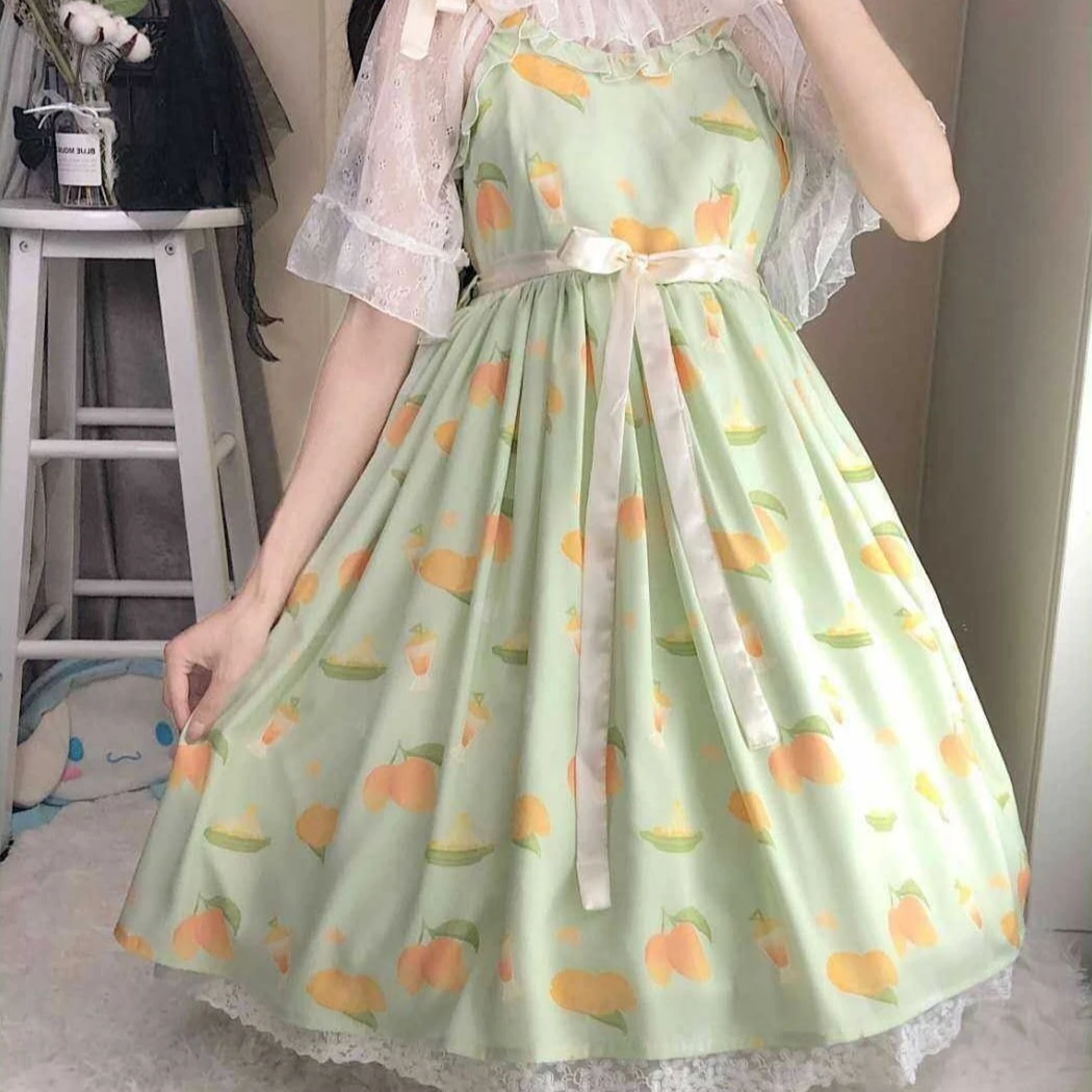 

Cute Sweet Women Lolita OP Dress Flouncing Lace Trim Japanese Harajuku Sleeveless Doll Teen Dress Fairy Vestidos Party Dresses