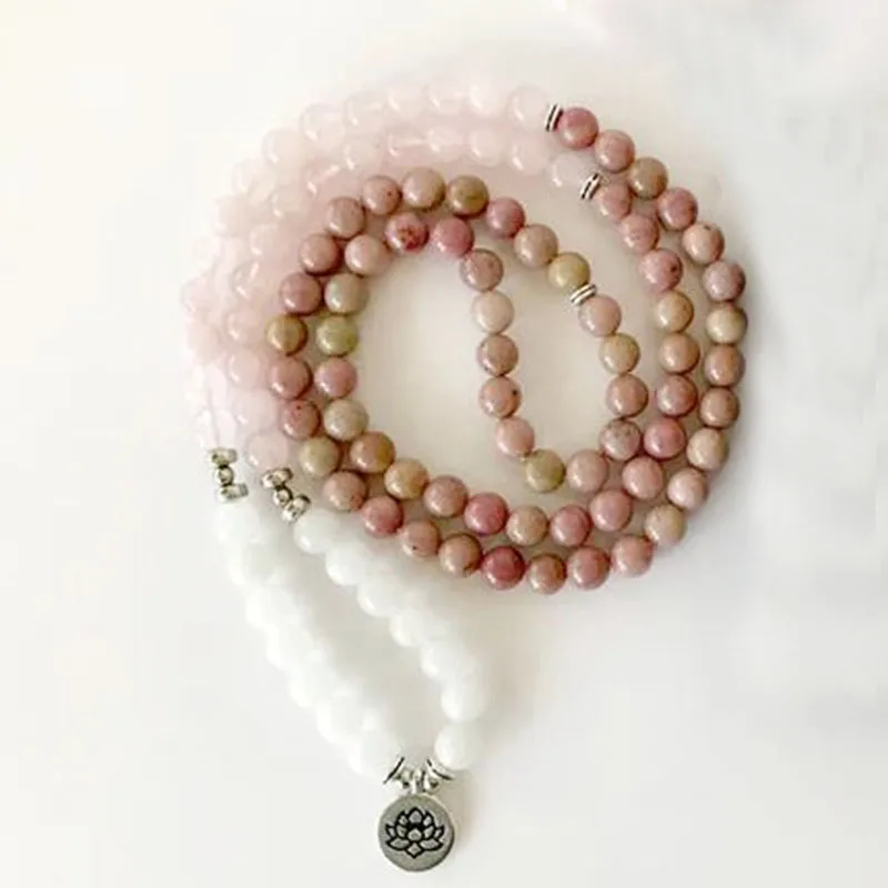 

108 Mala beads, браслет и ожерелье, Роза Q-uartz и Rhodonite Йога подарок для женщин и девушек, ювелирные изделия