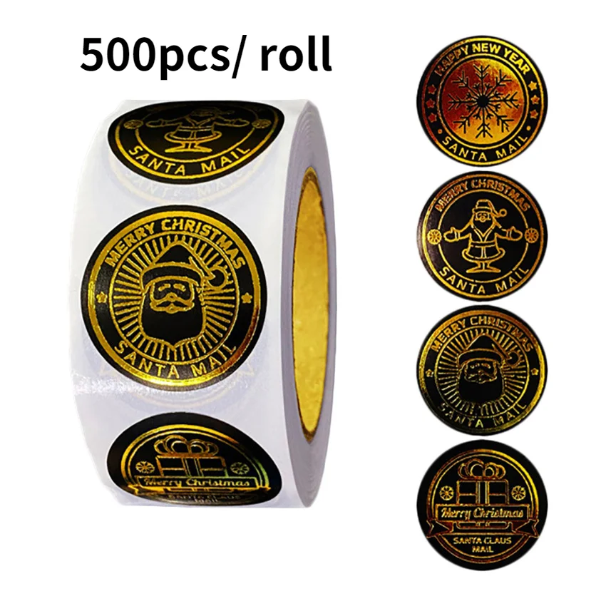 

500 шт., наклейки из черной и золотой фольги с надписью «Merry Christmas»
