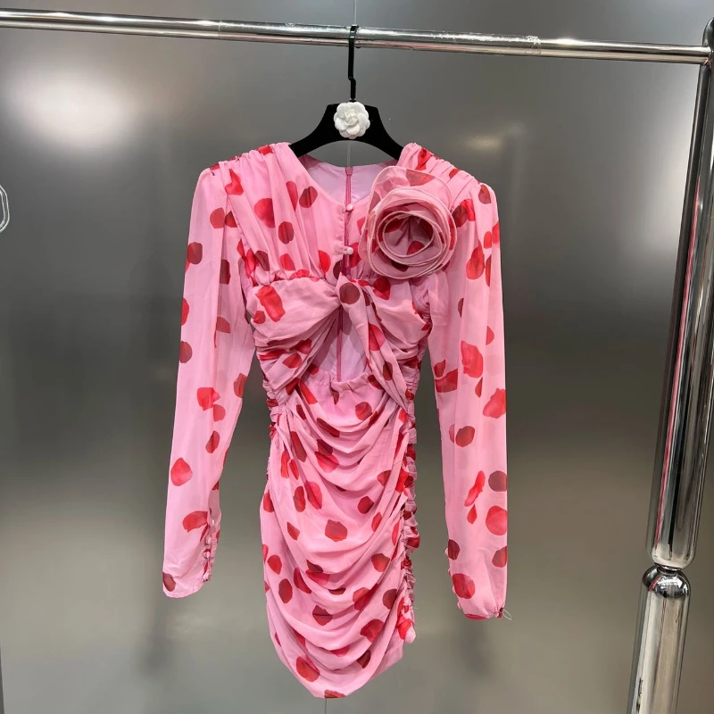 

Мини-платье женское Плиссированное с V-образным вырезом и длинным рукавом