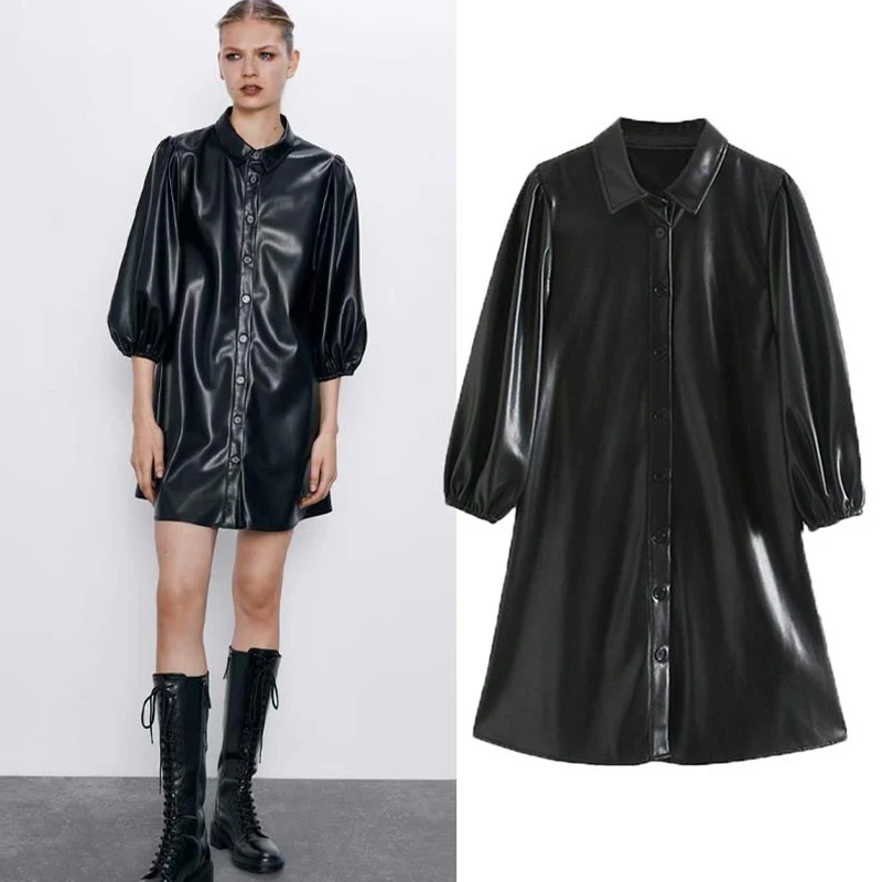 New Fashion Ladies PU Leather Black Dress Autumn Winter Chic Button Short Shirt Dresses for Women Party Prom Club Vestido Female