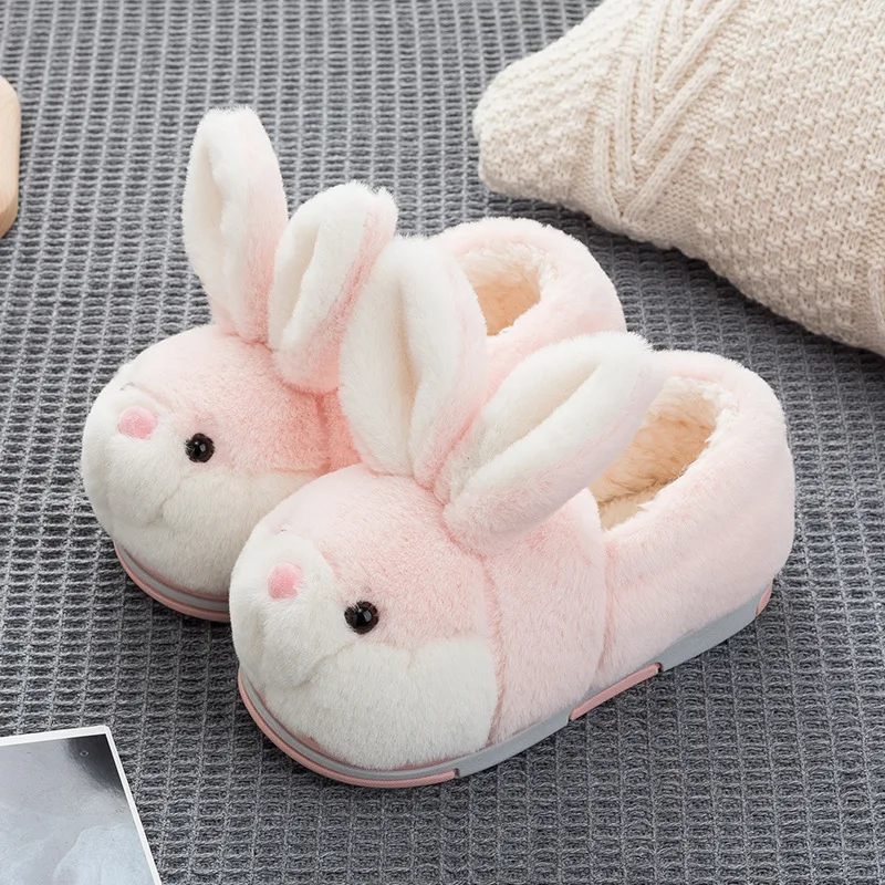 Kids Fur Slides 2022 New Autumn Winter Boys Indoor Non-slip Child Shoes Cute Rabbit Cotton Home Slippers Baby Girls Slippers images - 6
