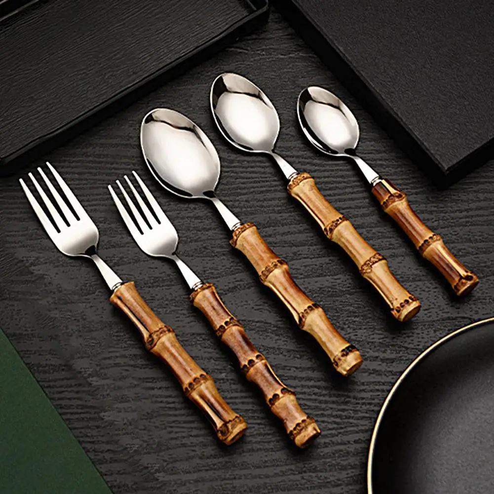 

Bamboo Tableware Stainless Steel Nature Handle Retro Dinnerware Gold Cutlery Set 1PCS Steak Knives Fork Spoon Tea Dessert Spoons