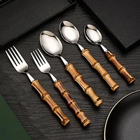 bamboo tableware stainless steel nature handle retro dinnerware gold cutlery set 1pcs steak knives fork spoon tea dessert spoons
