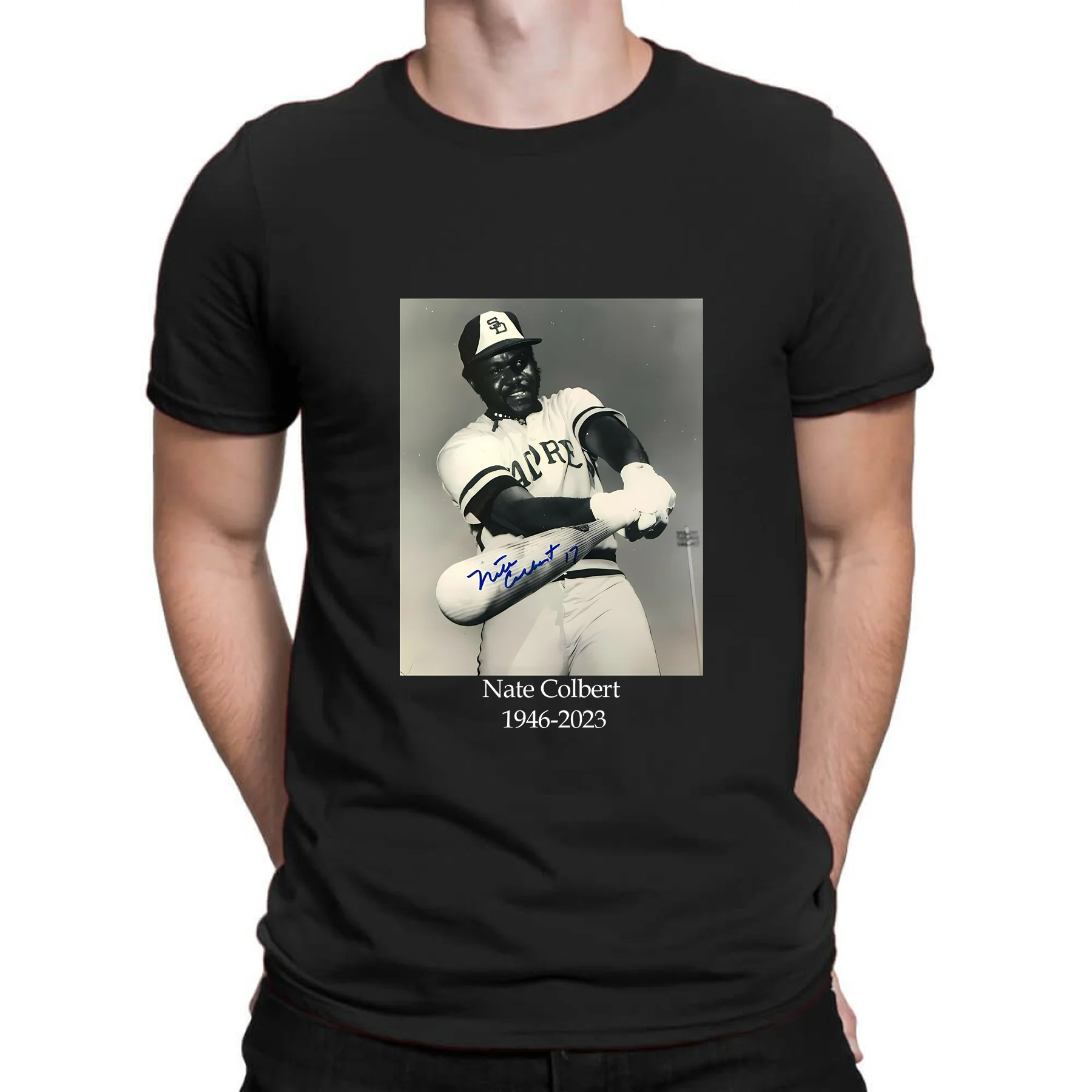 

2023 Hot Sale Summer 100% Cotton 1946 2023 San Diego Padres Signed Nate Colbert Black T Shirt Men Tee Hip Hop Streetwear T-shirt