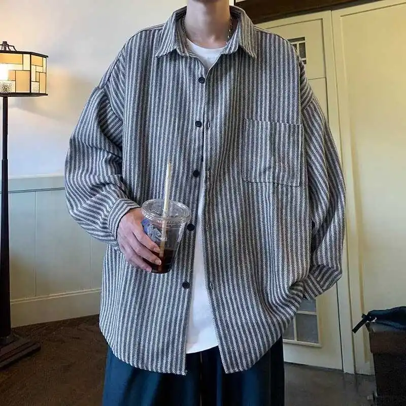 

Men's Autumn Plus Size Vertical Striped Long Sleeve Shirt Men's Fashion Loose Long Sleeve Shirt Jacket